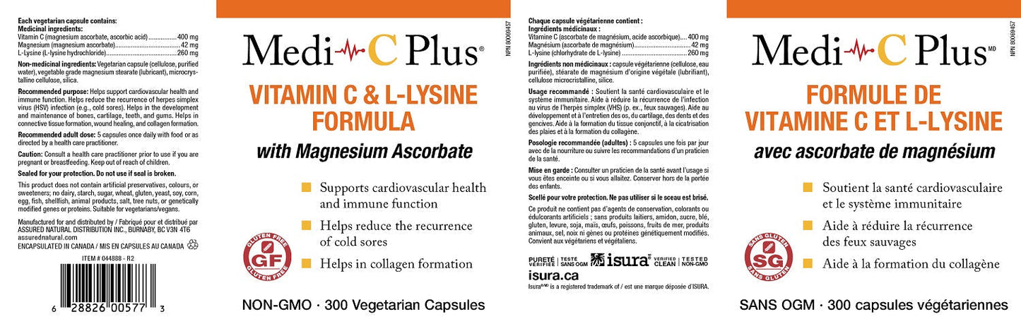 Medi-C Plus Vitamin C & L-Lysine with Magnesium (300 veg caps )