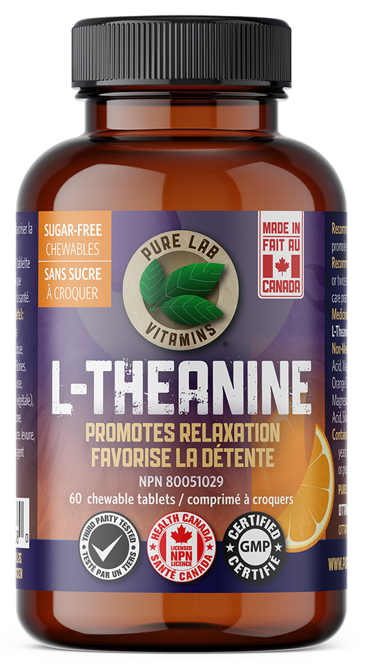 Bottle of Pure Lab Vitamins L-Theanine supplement on a white background