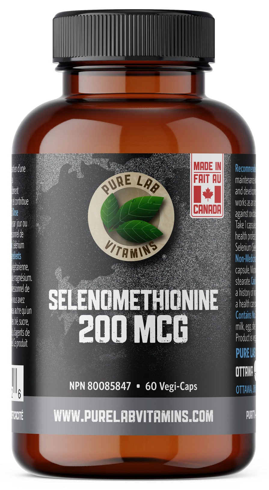 Bottle of Pure Lab Vitamins Selendmethionine 200 MCG on a white background