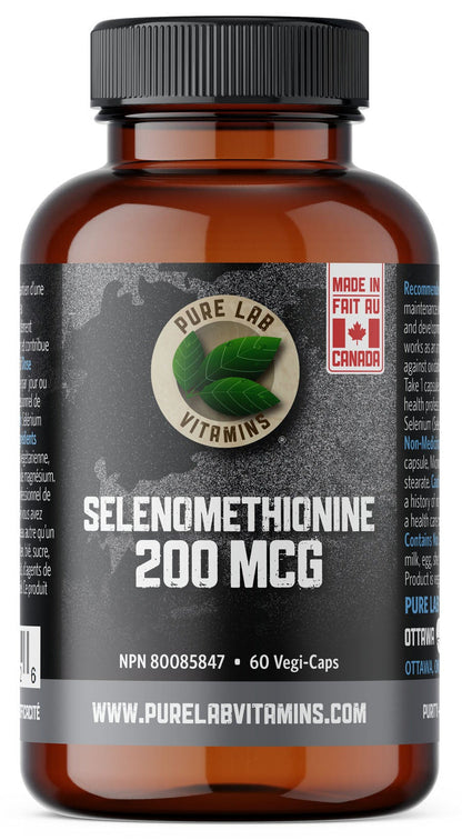 Bottle of Pure Lab Vitamins Selendmethionine 200 MCG on a white background