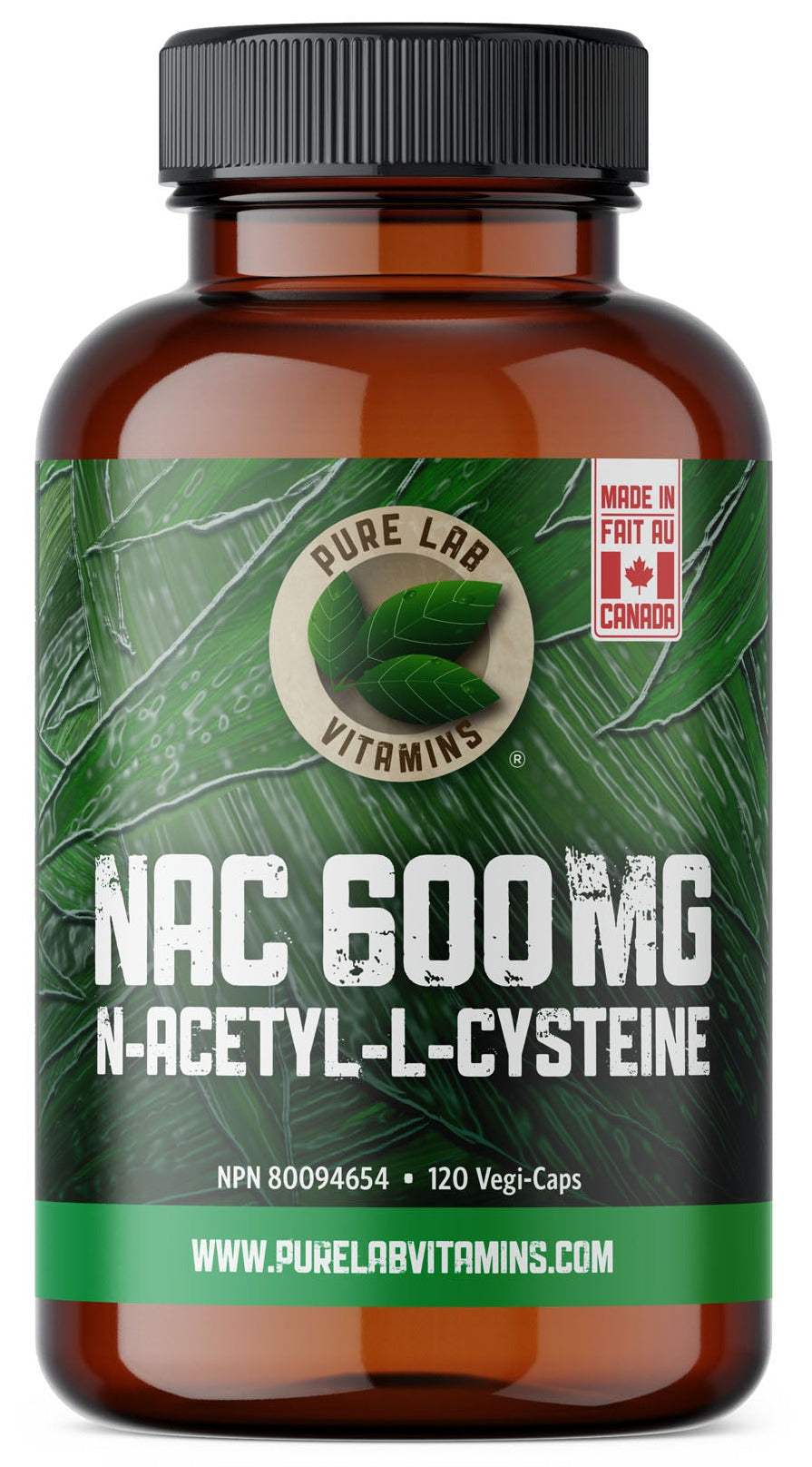 Brown supplement bottle with green label on a white background