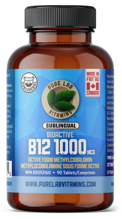 Bottle of Pure Lab Vitamins B12 supplement on a white background